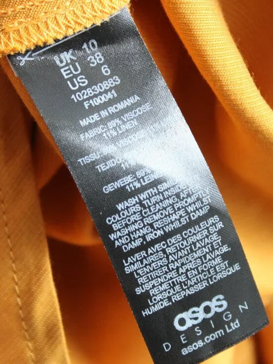 ASOS Mustard Yellow Linen Blend Slip Mini Spaghetti Strap Slit Dress Size 6 US - Picture 4 of 8